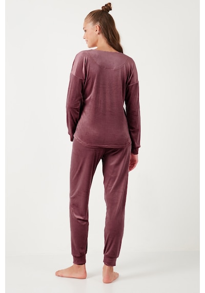 Lela Standart Fit Bisiklet Yaka Yumuşak Kadife Bayan Pijama Takımı 6094201 Pudra