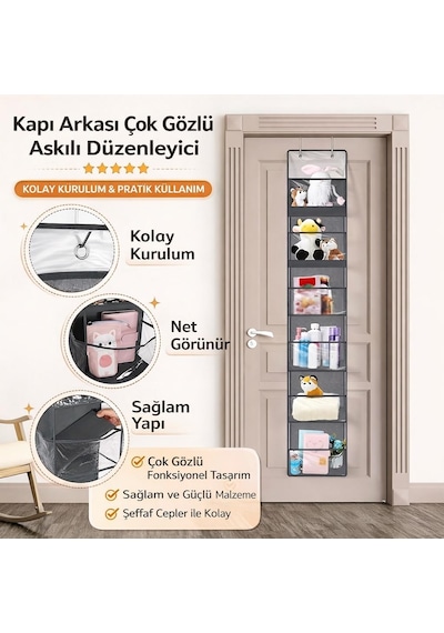 Valkyrie Kapı Arkası Organizer 6 Gözlü Askılı Dolap Düzenleyici Çok Amaçlı Kapı Arkası Raf Gri Gri
