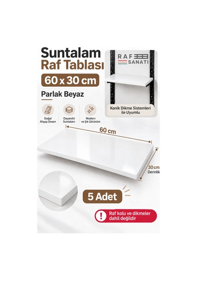 5 Li Set - Suntalam Raf Tablası 60x30 Cm Beyaz Ahşap Raf Konik Dikme Sistemleri İle Uyumlu