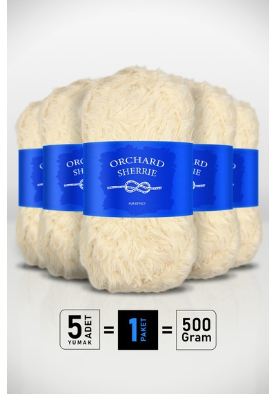 Krem 5'li Paket 100 Gr / 60 M Tavşan Tüyü Dokulu Kalın Kürk Peluş Örgü İpi