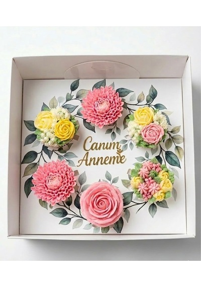 Anneler Gününe Özel Yaprak Desenli 6 Lı Cupcake Kutusu Ve Canım Anneme Pleksi Set