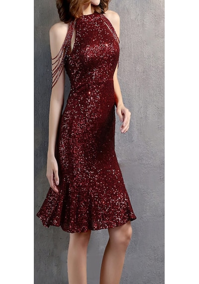 Hanife Glam Couture Hanife Glam Boncuk Detaylı Pulpayet Abiye Elbise Bordo
