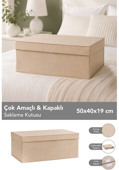 Organizer Baza Hurcu - Çok Amaçlı Kapaklı Saklama Kutusu 50x40x19cm Bej