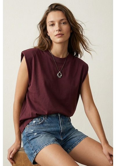 Elemge %100 Pamuk Süprem Tok Kumaş Kadın Oversize Bordo T-shirt Geniş Omuzlu Dökümlü Kolsuz Bol Kalıp