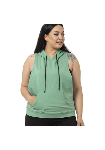 Disentis Büyük Beden Kanguru Cepli Kapüşonlu Geniş Kol Oyuntulu Mint Yeşili T-shirt-mint Mint
