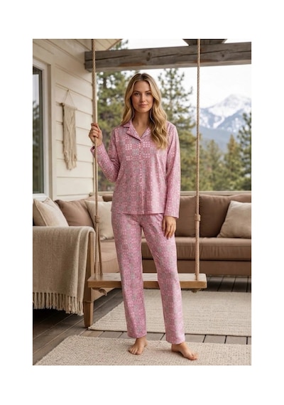 Pijamoni Kadın Süet Kumaş Önü Düğmeli Uzun Kollu Pijama Takımı Pembe Kare Desenlim