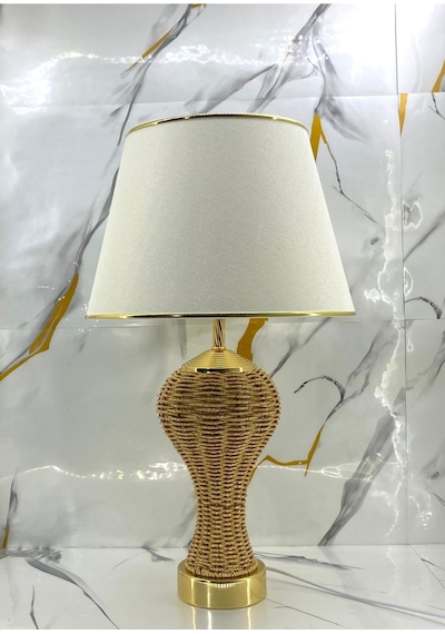 Metal Ve Örme Gold Ayak Hasır Krem Gold Şerit Kumaş Şapka Abajur Gold - Krem