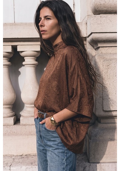 Sateen Yarasa Kol Bluz - Açık Kahve-137826 Açık Kahverengi