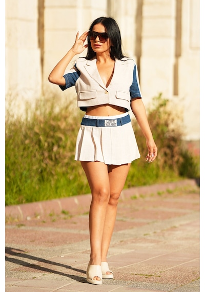 Canım Kendim Store Kot Detaylı Crop Ceket Boxer Detaylı Şort Etek İkili Takım Bej