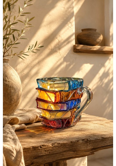 2'li Kitap Tasarımlı Renkli Borosilikat Cam Kupa 350 Ml 3 Boyutlu Kahve, Çay Ve Nescafe Bardağı