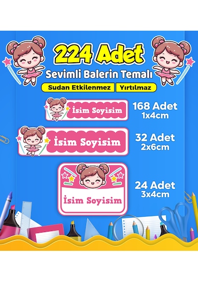 Sevimli Balerin Temalı Okul Kreş Kişiye Özel İsim Etiket Seti - Model 457 Çok Renkli