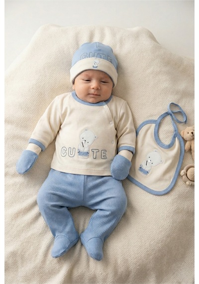Zeynuko Erkek Bebek Cute Bear Pamuk 0-3 Ay 5'li Yenidoğan Hastane Çıkışı Zıbın Seti Mavi