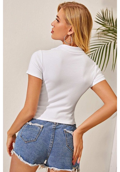 Fantezia Night Kadın Siyah Yarım Fermuarlı Ve Kısa Kollu Crop Top Bluz Beyaz