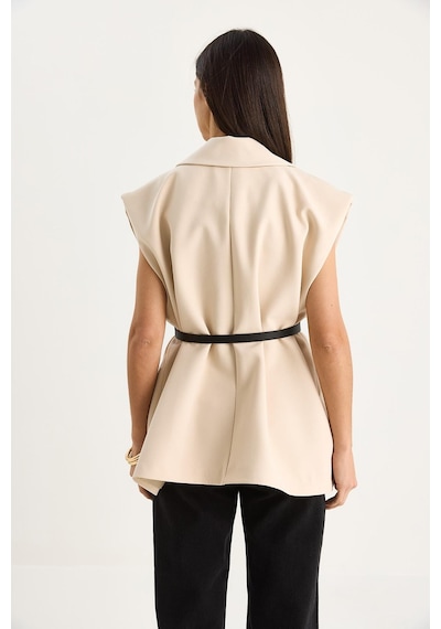 Shade Kadın Cep Detaylı Kemerli Vatkalı Oversize Astarlı Blazer Yelek 11143 60281003 - Bej