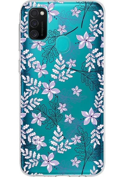 Samsung Galaxy Uyumlu M21 Kapak Floral Lila Tasarımlı Şeffaf Silikon Kılıf