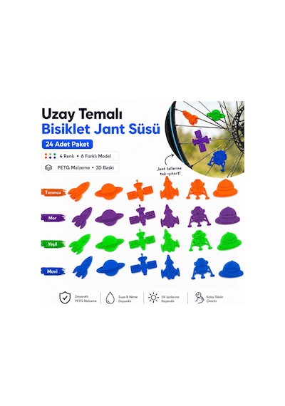 Uzay Temalı Bisiklet Jant Süsü 24 Parça 4 Renk 6 Farklı Model Mor