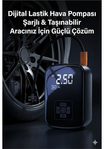 Büro Ev Ofis Kamp Keyfi İçin Şarjlı Taşınır Led Ekranlı Araç Lastik Hava Kompresör Pompası