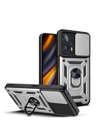 Microcase Xiaomi Redmi Poco X4 Gt Qubec Serisi Kamera Kapaklı Yüzük Standlı Kılıf-al5117 Gri