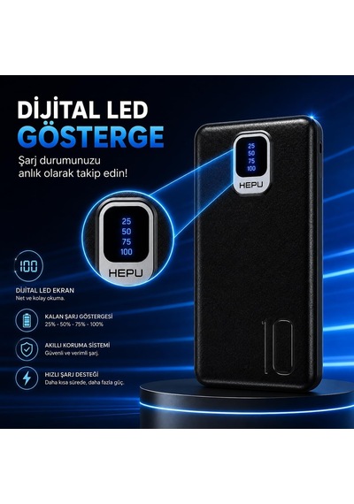 Hp-tp01s Titan Series 10.000 Mah Dahili Entegre Kablolu Hızlı Şarj Powerbank Quick Charge 3.0 Dijital Led Göstergeli Taşınabilir Şarj Cihazı Siyah