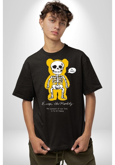 Mutlu Ol Pamuklu Bisiklet Yaka Unisex Oversize Boyfriend Dijital Baskılı Siyah T-shirt Siyah