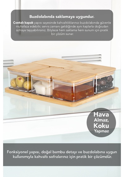 6 Parça Bambu Kapaklı Kahvaltı Saklama Kabı - Bambu Tepsili Hava Almaz Vakum Kapak Kahvaltılık Set Bej