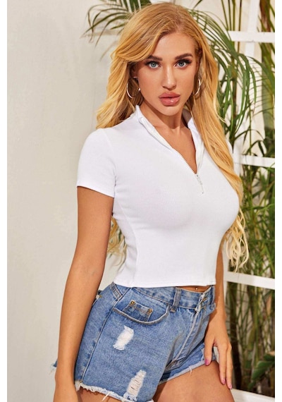 Veraura Lifestyle Kadın Beyaz Yarım Fermuarlı Ve Kısa Kollu Crop Top Bluz