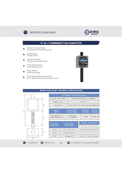 Ems Kontrol - Karbondioksit Transmitteri 4-20 mA / 0-10.000 ppm