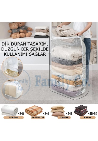 Family Co.3'lü Paket Ekstra Büyük Küp Vakumlu Hurç Saklama Şeffaf