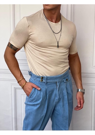 Modefendi Slim Fit Pamuk Triko Kumaş Tshırt Krem