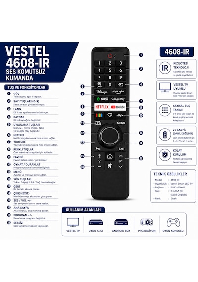 Vestel 4608-ır Akıllı Tv Kumandası Netflix Youtube Prime Video Disney+ Tabii Google Play Tuşlu Ses Komutsuz Kumanda