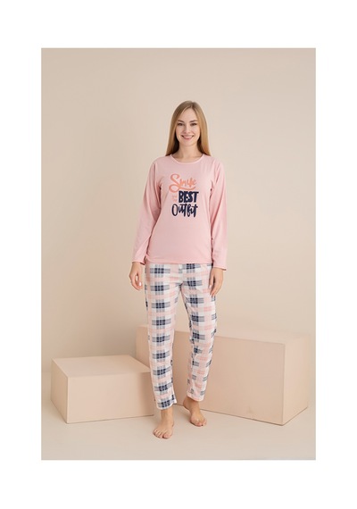 Rindahomewear Kadın Smile Baskılı Süprem Uzun Kol Pijama Takımı Somon