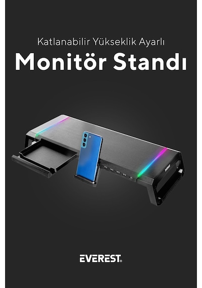 Everest St1 4 Usb Hub Rgm Işıklı Katlanabilir Siyah Monitör