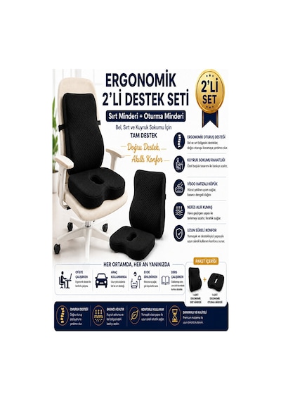 2 Li Ortopedik Visco Minder Seti Ergonomik Bel, Sırt Ve Kuyruk Sokumu Desteği Siyah