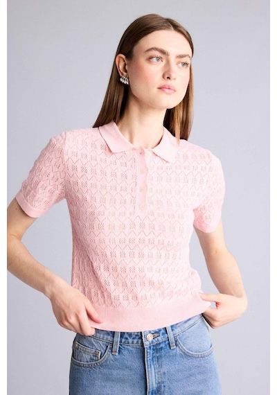 Defacto Regular Fıt Polo Yaka Dantelli Tişört H7297ax26sppn1 Pembe-pn1