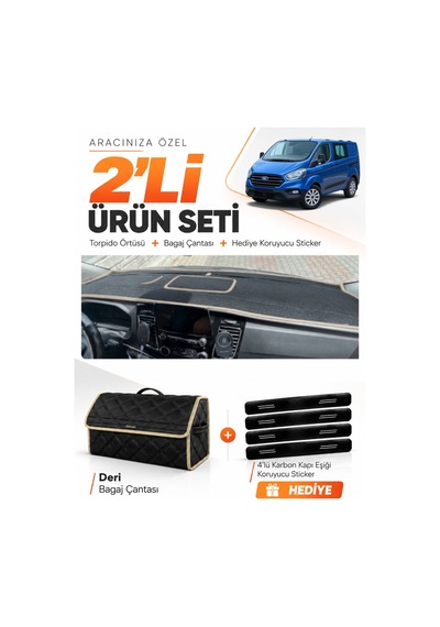 Ford Transit Custom 2016-2024 Uyumlu Torpido Örtüsü + Deri Bagaj Çantası + Sticker - Siyah Bej