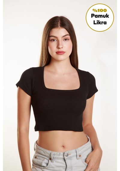 Mea Capio Kadın Fitilli Crop Kare Yaka Fitilli Kısa Kollu T-shirt Atlet Siyah