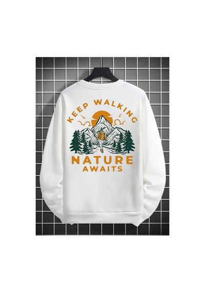 Tarzsokak Mountain & Slogan Graphic Drop Shoulder Sweatshirt Beyaz