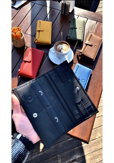 Mat Black Peony Hakiki Deri Telefon Cüzdanı Siyah