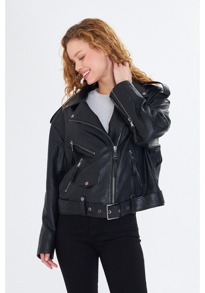 M M Marki Marki Kadın Hakiki Jumbo Deri Ceket Biker Tarz, Kemerli, Oversize, Apoletli, 65 Cm, Siyah - 507322