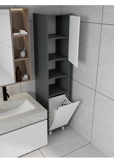 Riva Çamaşır Sepetli Banyo Dolabı Koyu Gri Renk