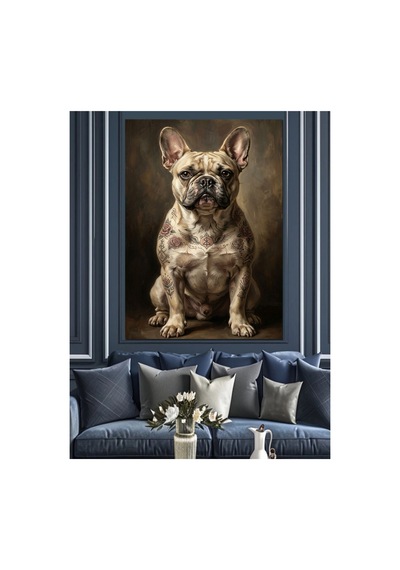 Ciddi Bakışlı Fransız Bulldog Portresi Yağlı Boya Dokulu Kanvas Tablo Canvas Tablosu