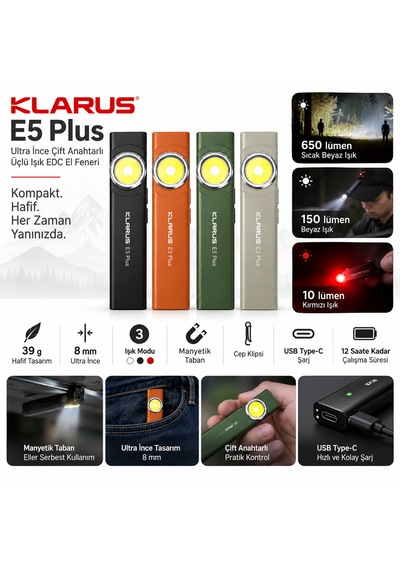 Klarus E5 Plus Ultra İnce Edc El Feneri Turuncu - Yeşil