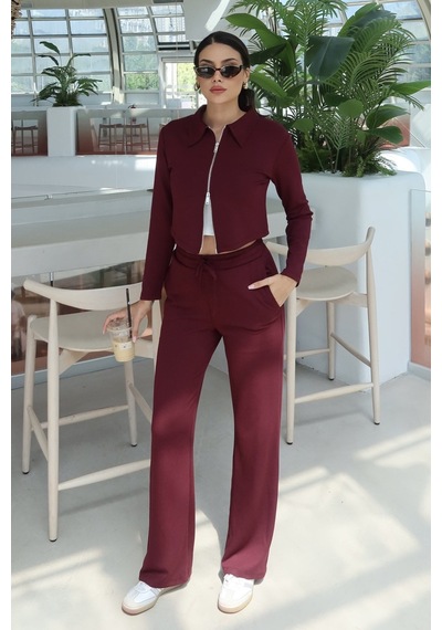 Kechi Woman Oysho Kumaş Polo Yaka Çift Fermuarlı Takım Bordo