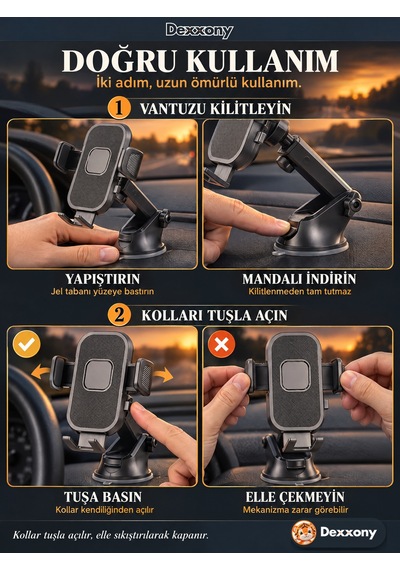 Dexxony A01 Araç İçi Telefon Tutucu Vantuzlu Torpido Ve Cam Uzayan Kol 360 Derece Döner Başlık