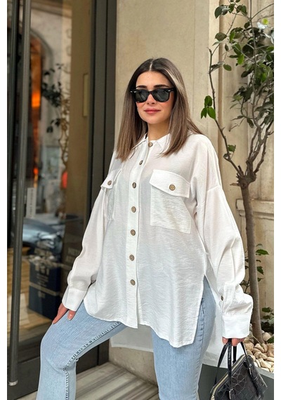 WeShaya Kadın Beyaz Balon Kol, Pileli, Yırtmaçlı, Oversize, Keten Tunik Gömlek Beyaz