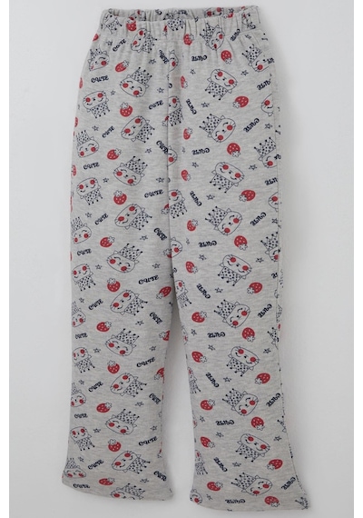 Breeze Kız Çocuk Pijama Takımı Kraliçe Kedicik & Çilek Desenli 7-11 Yaş, Açık Gri Melanj
