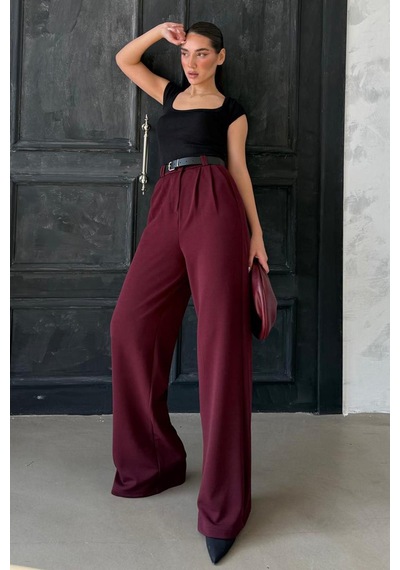 Madmext Bordo Çift Pileli Kemerli Pantolon Mg2330 Bordo