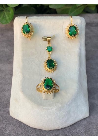 Bayar Gold 14 Ayar Altın Güneş Model Zümrüt Taşlı Set