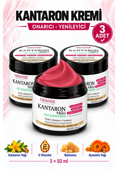 Hanzade Bitkisel Kantaron Yağlı Krem 50 Ml X 3 Adet Nemlendirici Yüz, El Ve Vücut Bakım Kremi, E Vitaminli