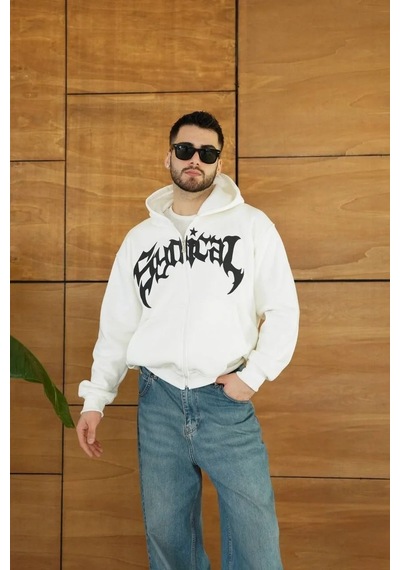 Tarzyeri Erkek Kapüşonlu 3 İplik Şardonlu Önü Baskılı Fermuarlı Oversize Sweatshirt - Beyaz Kırmızı